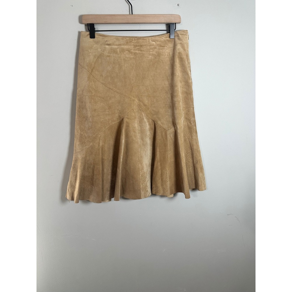 Ideology Vintage Tan Suede Leather Flared Paneled Midi Skirt Petite 6P